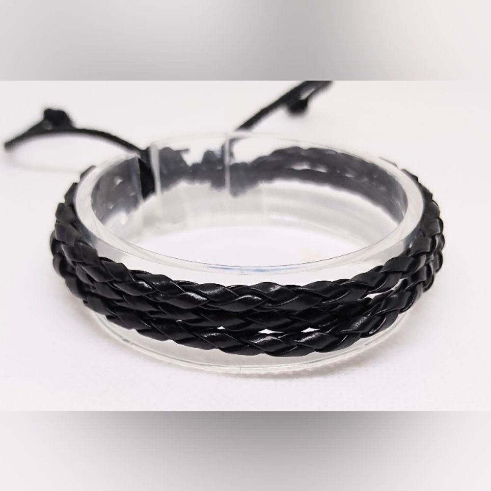 Men's bracelet leather braided layered‎ black new e38